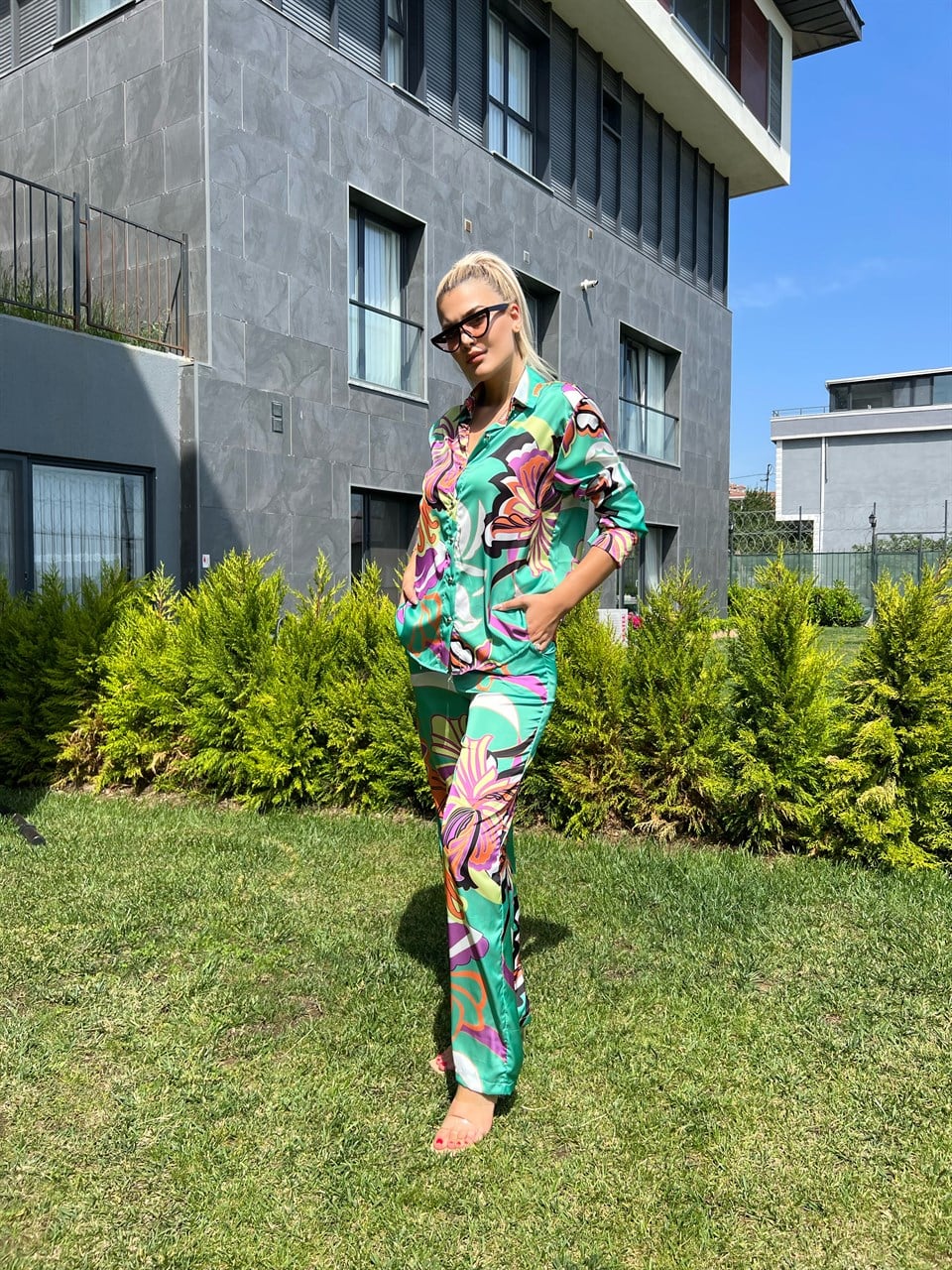 Z*ra Model Saten Baskılı Yeşil Takım