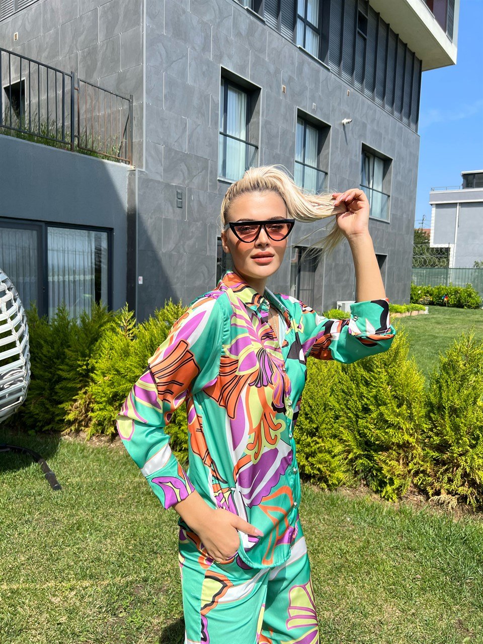 Z*ra Model Saten Baskılı Yeşil Takım