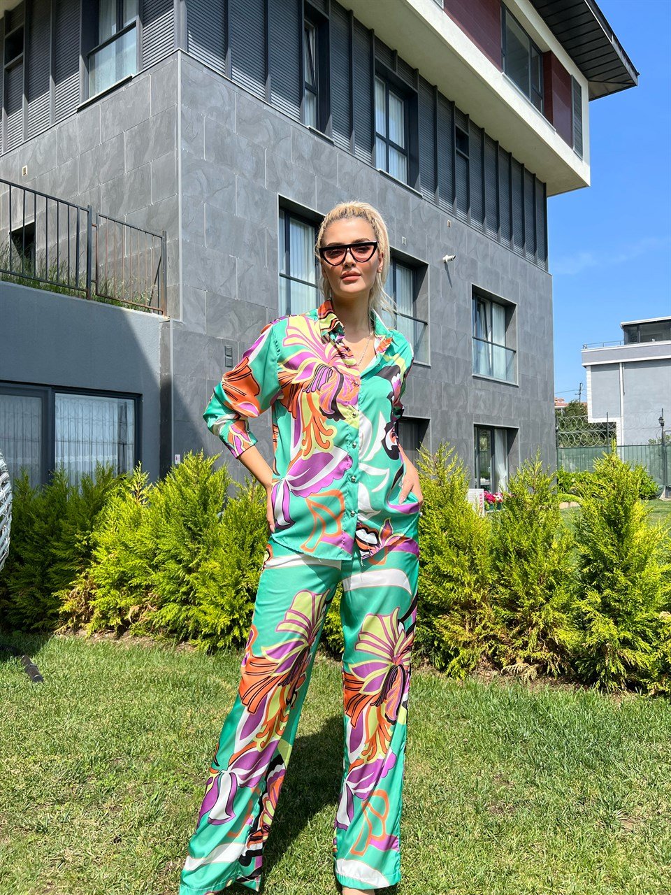 Z*ra Model Saten Baskılı Yeşil Takım