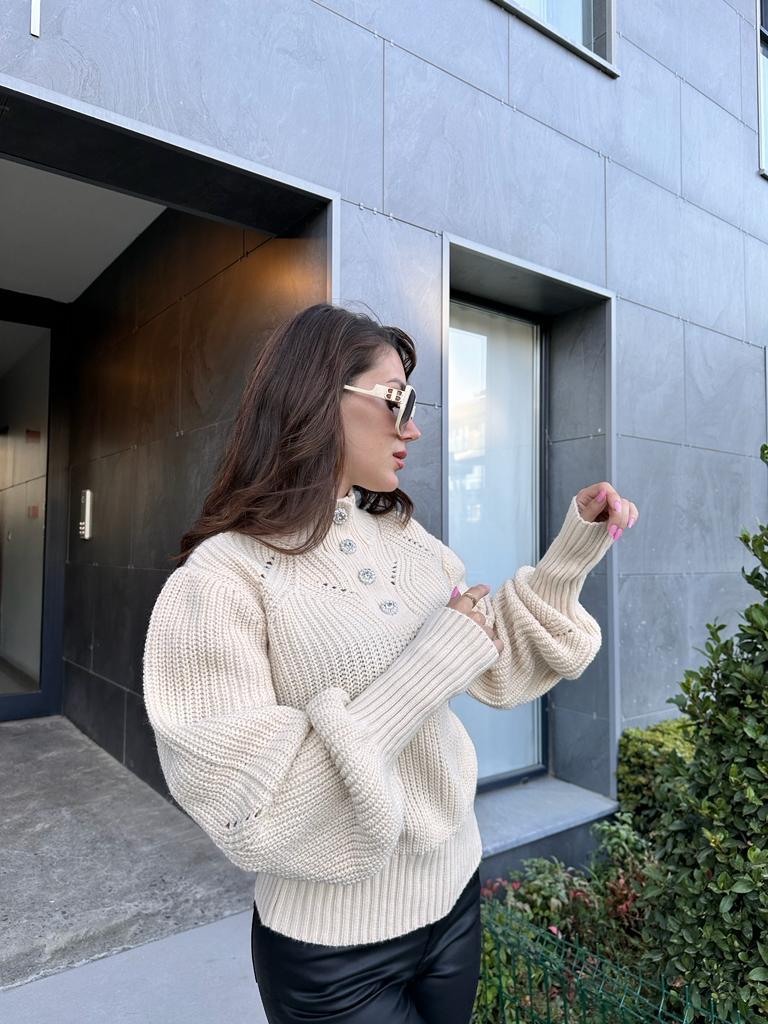 Zra Model Taş Düğmeli Balon Kol Triko Kazak 1707406