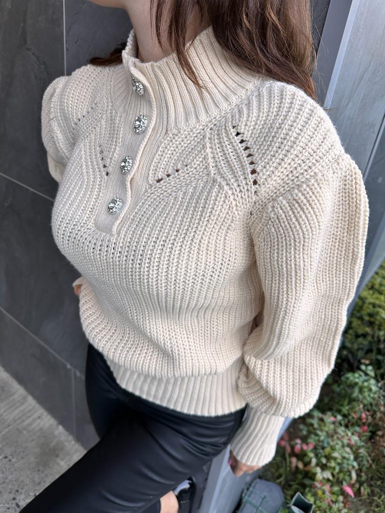 Zra Model Taş Düğmeli Balon Kol Triko Kazak 1707406