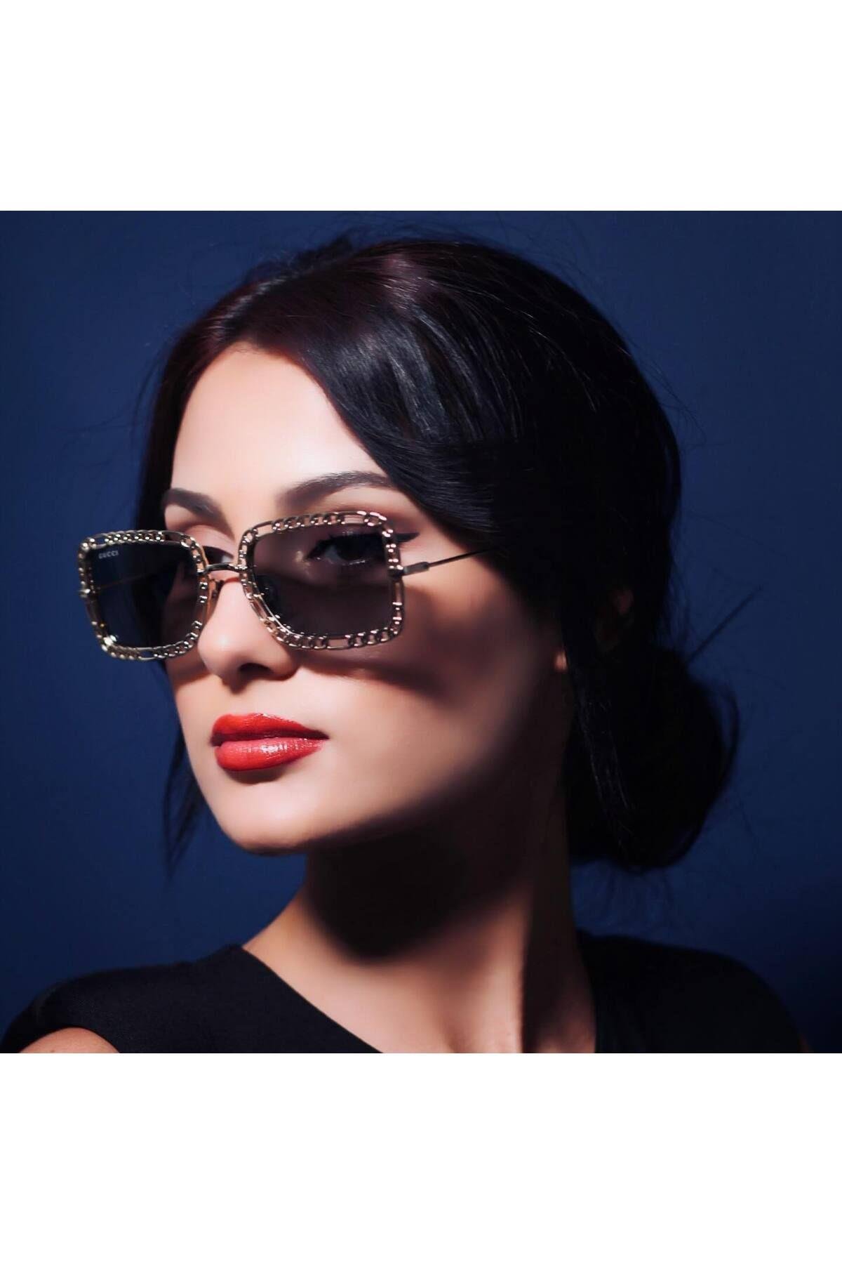 Gucci GG1112S 001 54-22 Kadın Füme Mat Camlı Altın Çerçeve Dikdörtgen Güneş Gözlüğü