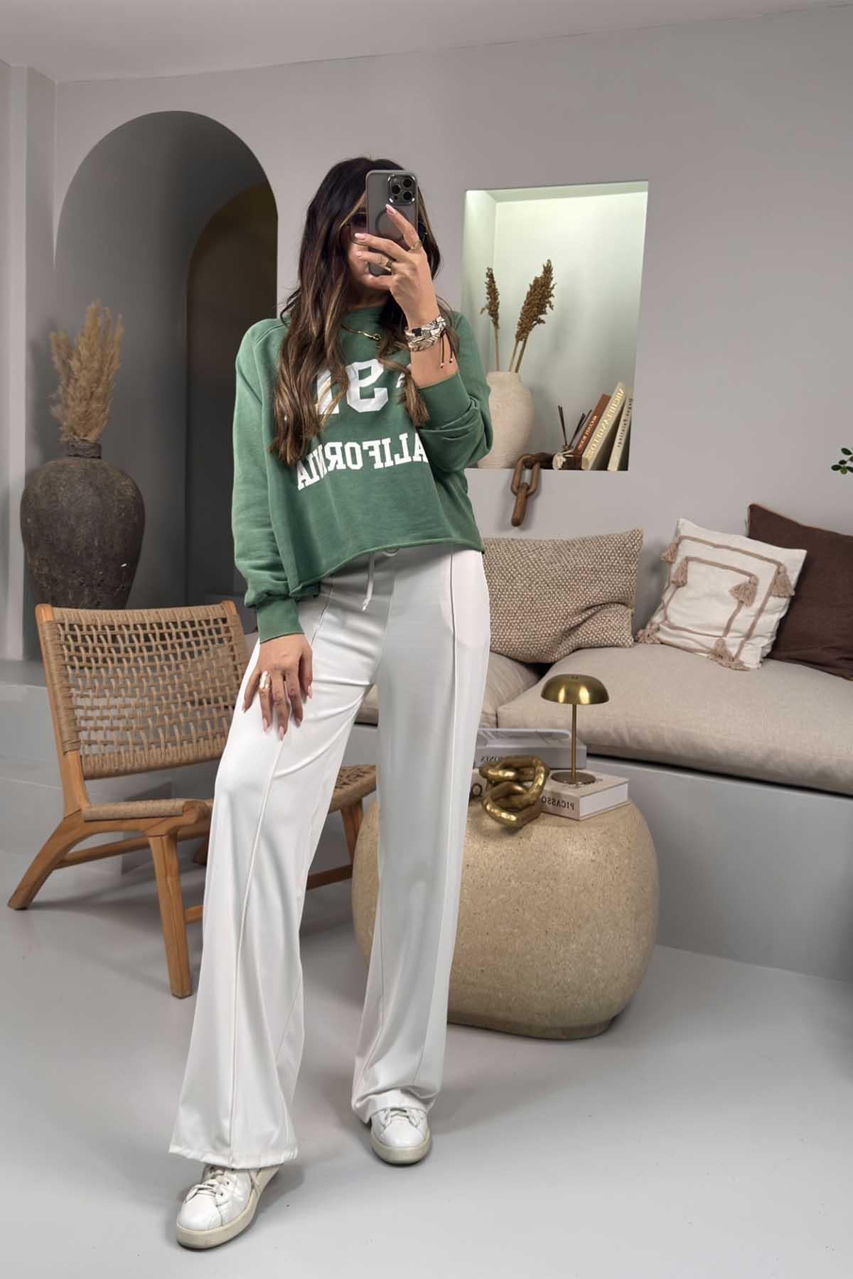 91 Yıkamalı Kısa Sweatshirt Yeşil