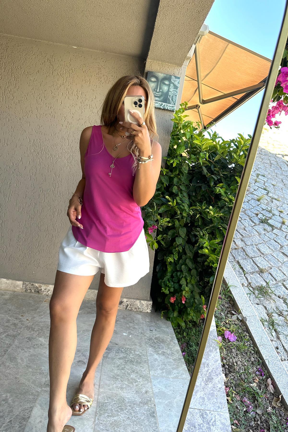 Ahşap Düğme Detay Şort Ekru
