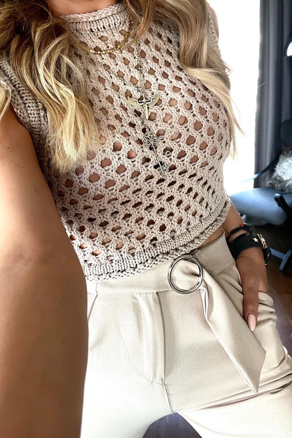 Ajurlu Crop Triko Süveter Bej