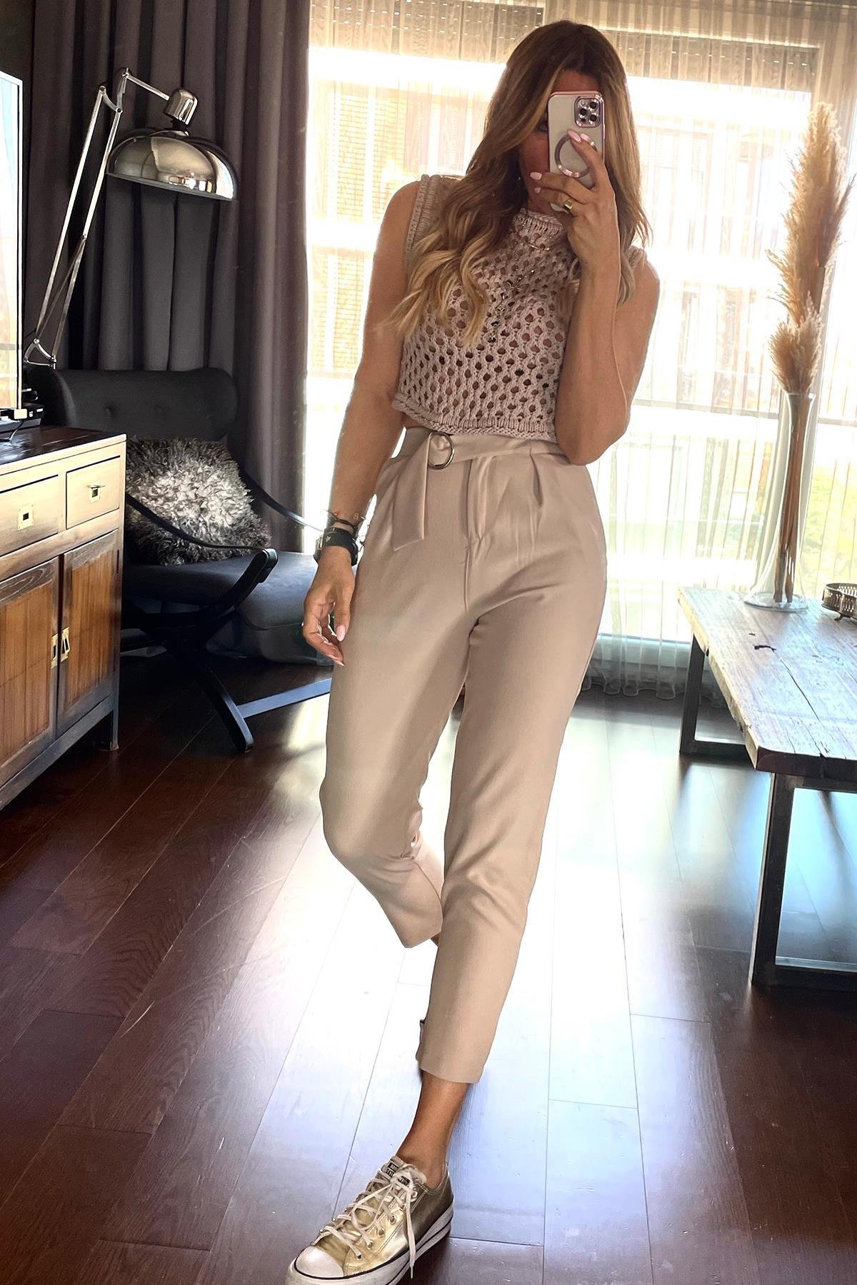Ajurlu Crop Triko Süveter Bej