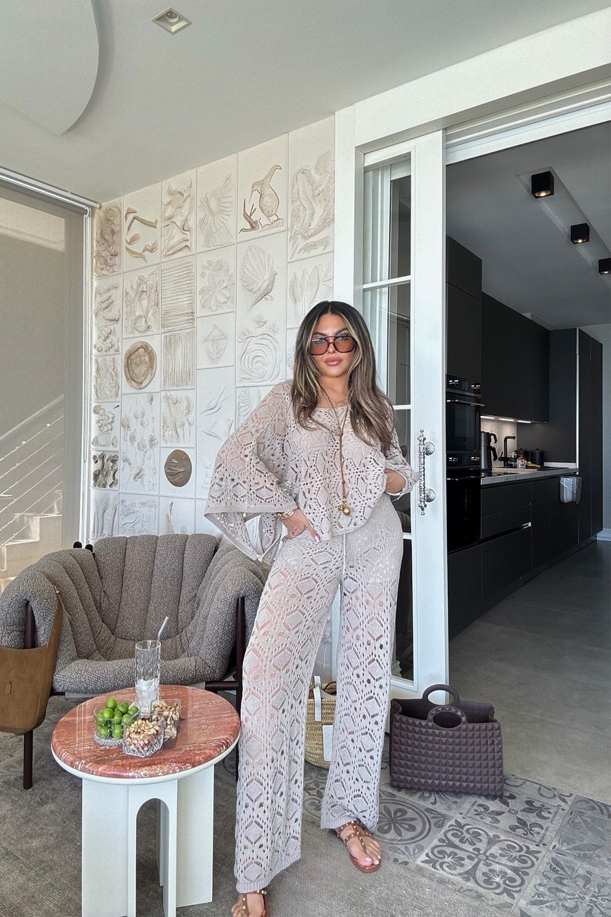 Ajurlu Pamuk Triko Kayık Yaka Takım Vizon