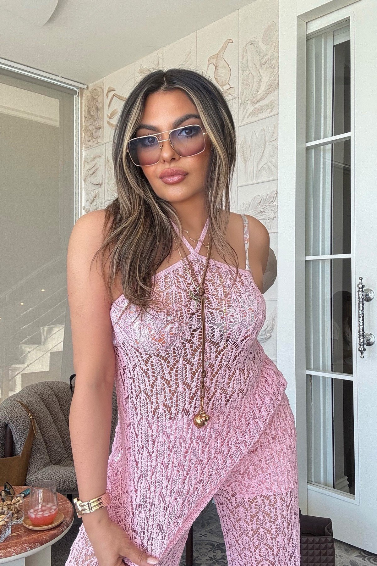 Ajurlu Pamuk Triko Reglan Yaka Takım Pembe