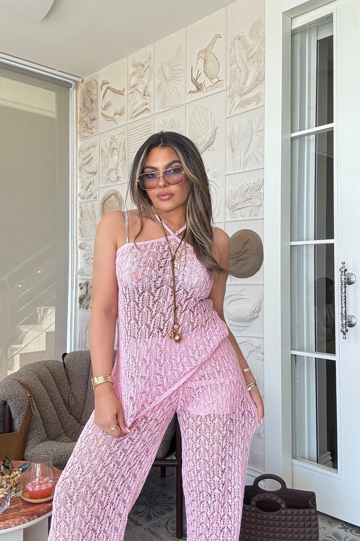 Ajurlu Pamuk Triko Reglan Yaka Takım Pembe