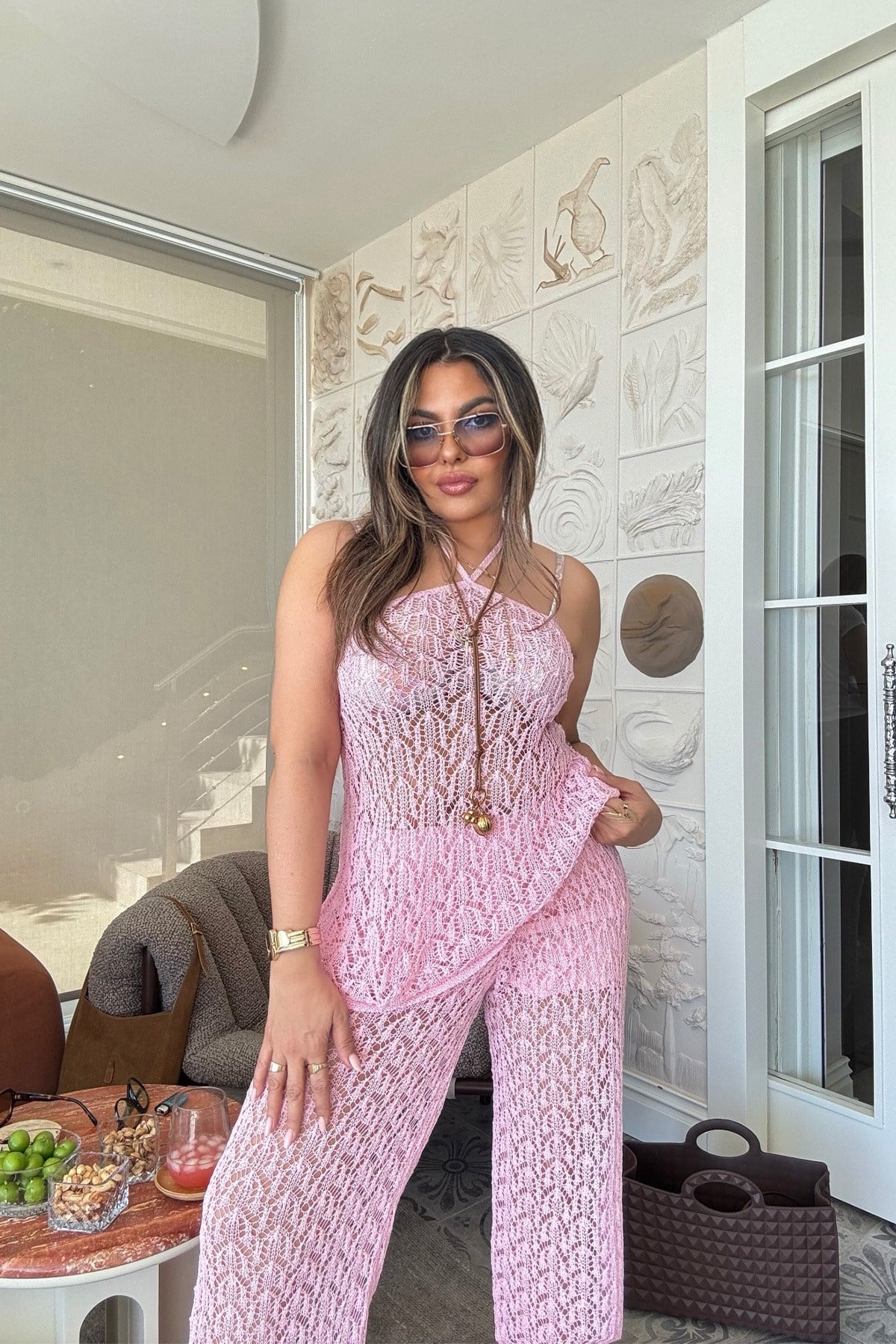 Ajurlu Pamuk Triko Reglan Yaka Takım Pembe