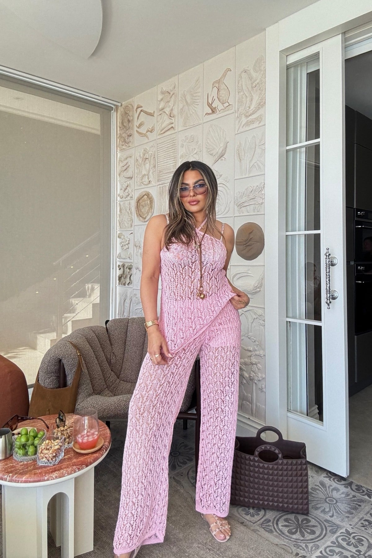 Ajurlu Pamuk Triko Reglan Yaka Takım Pembe