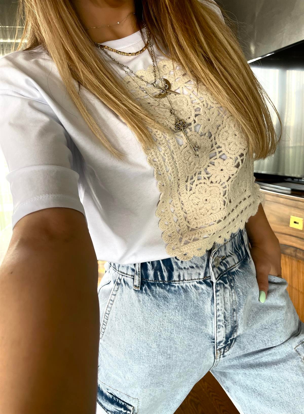 Ajurlu Patcwork Tshirt Beyaz
