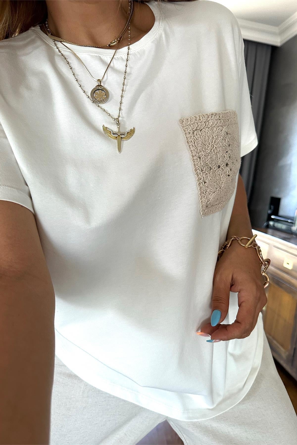 Ajurlu Triko Cep Detaylı Tshirt Ekru