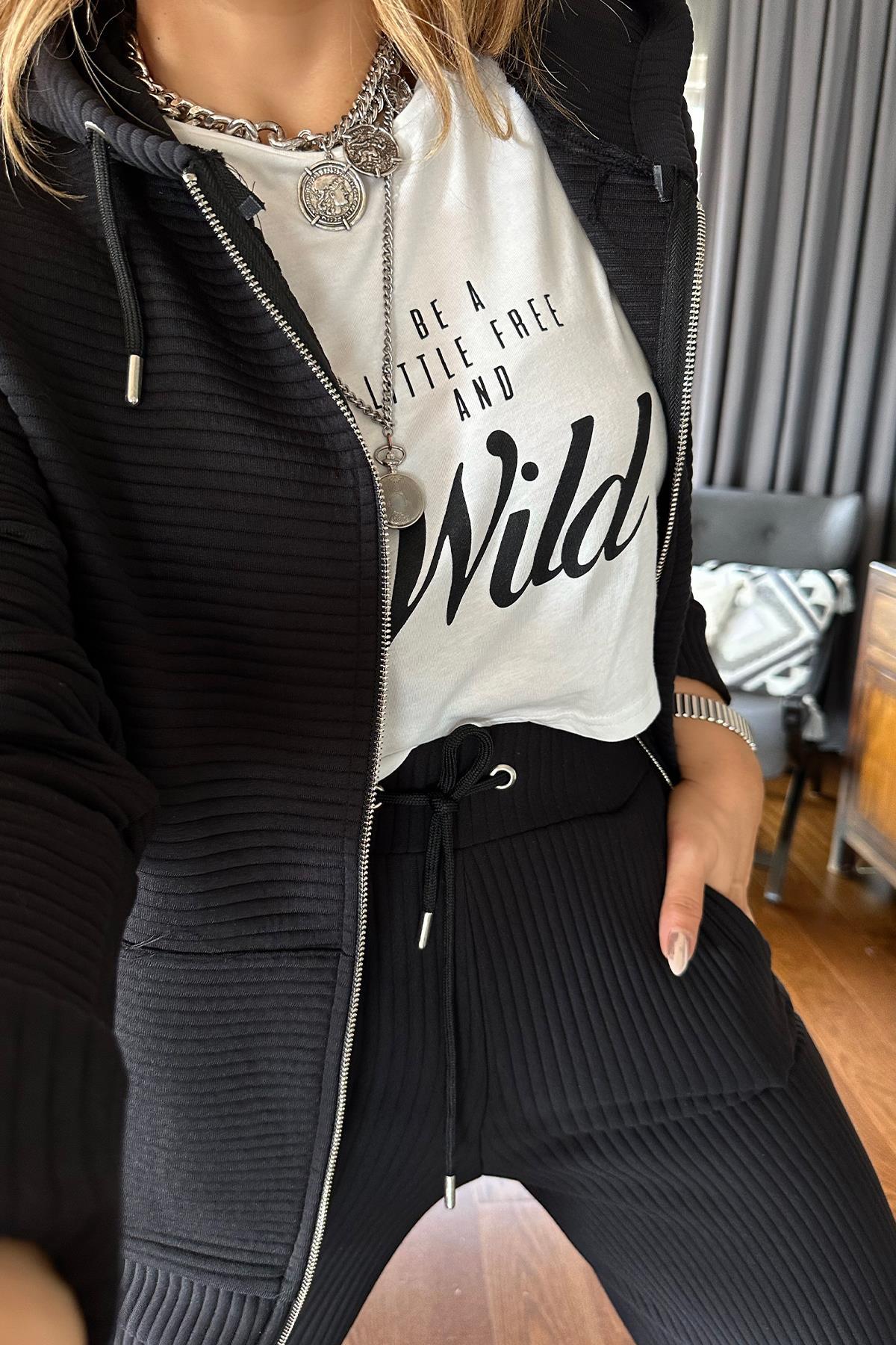 Akordion Dolum Sweat Kumaş Takım Siyah