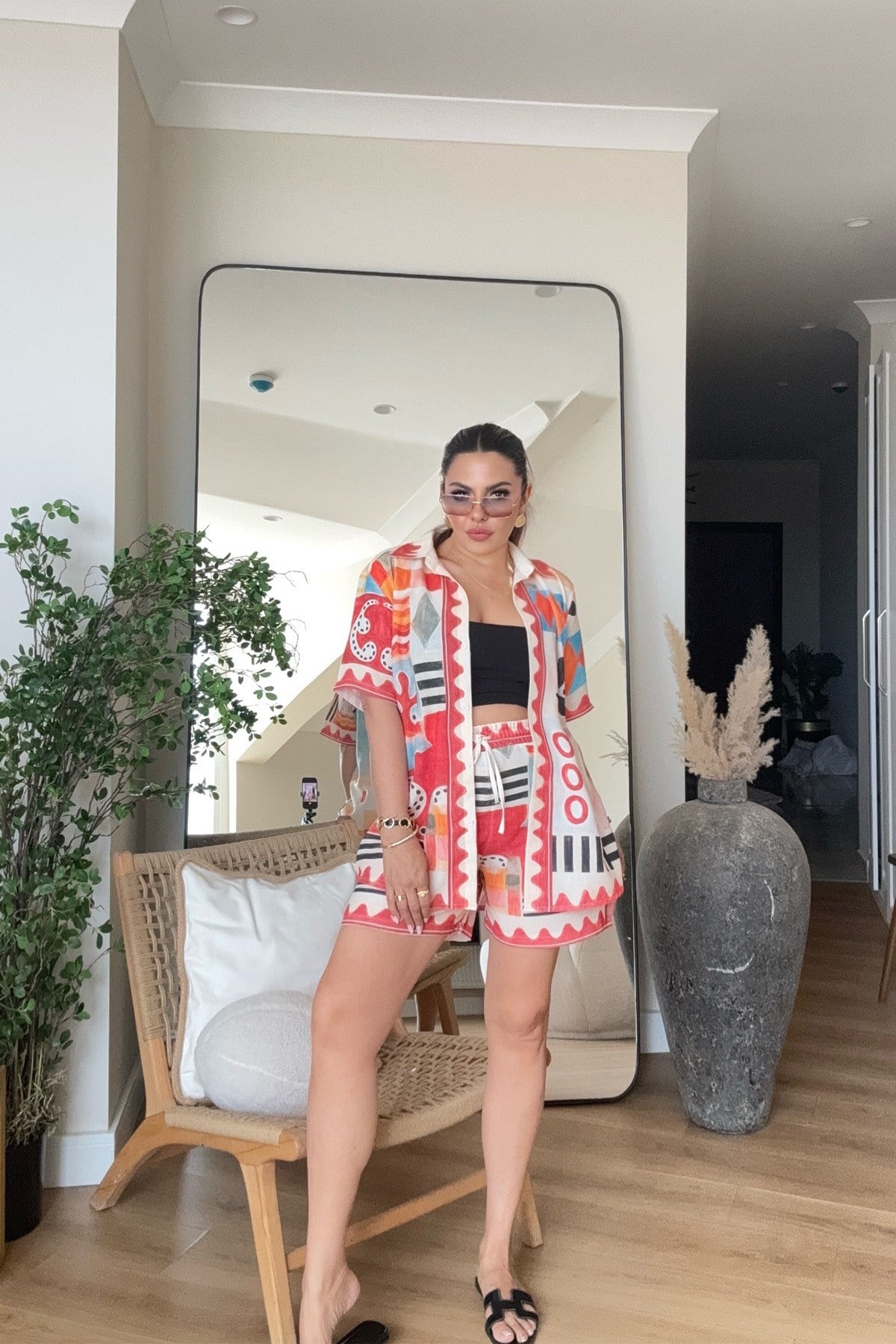Alms Model Keten Şortlu Takım Kırmızı