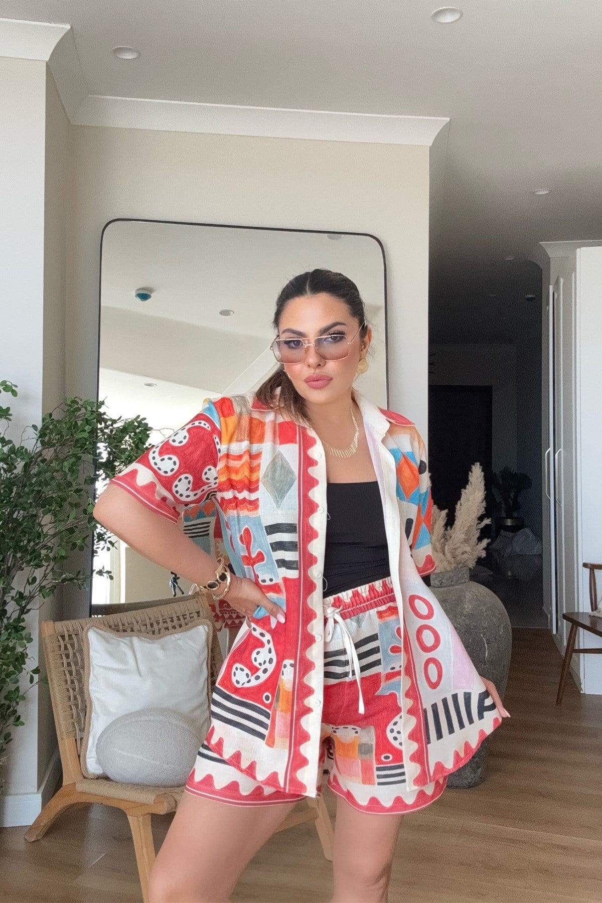 Alms Model Keten Şortlu Takım Kırmızı