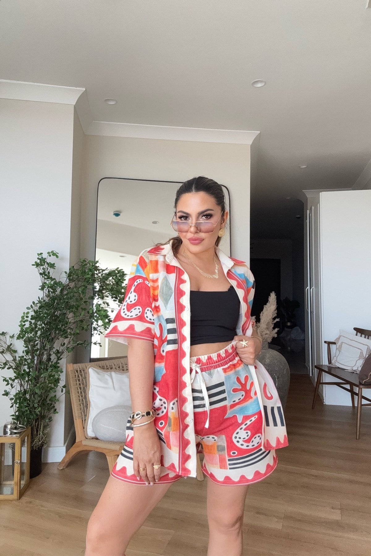 Alms Model Keten Şortlu Takım Kırmızı