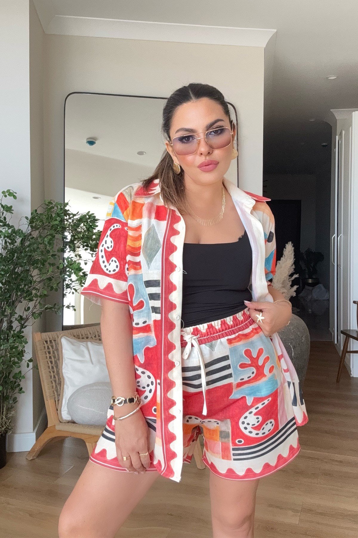 Alms Model Keten Şortlu Takım Kırmızı