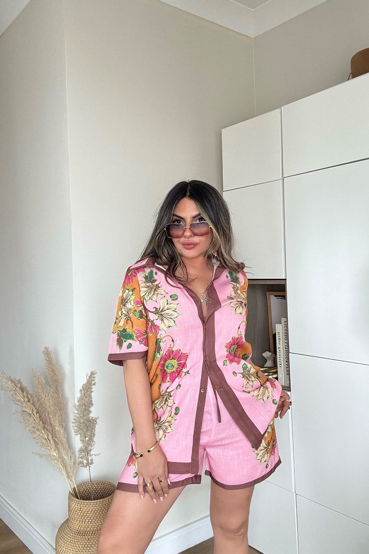 Alms Model Keten Şortlu Takım Pembe
