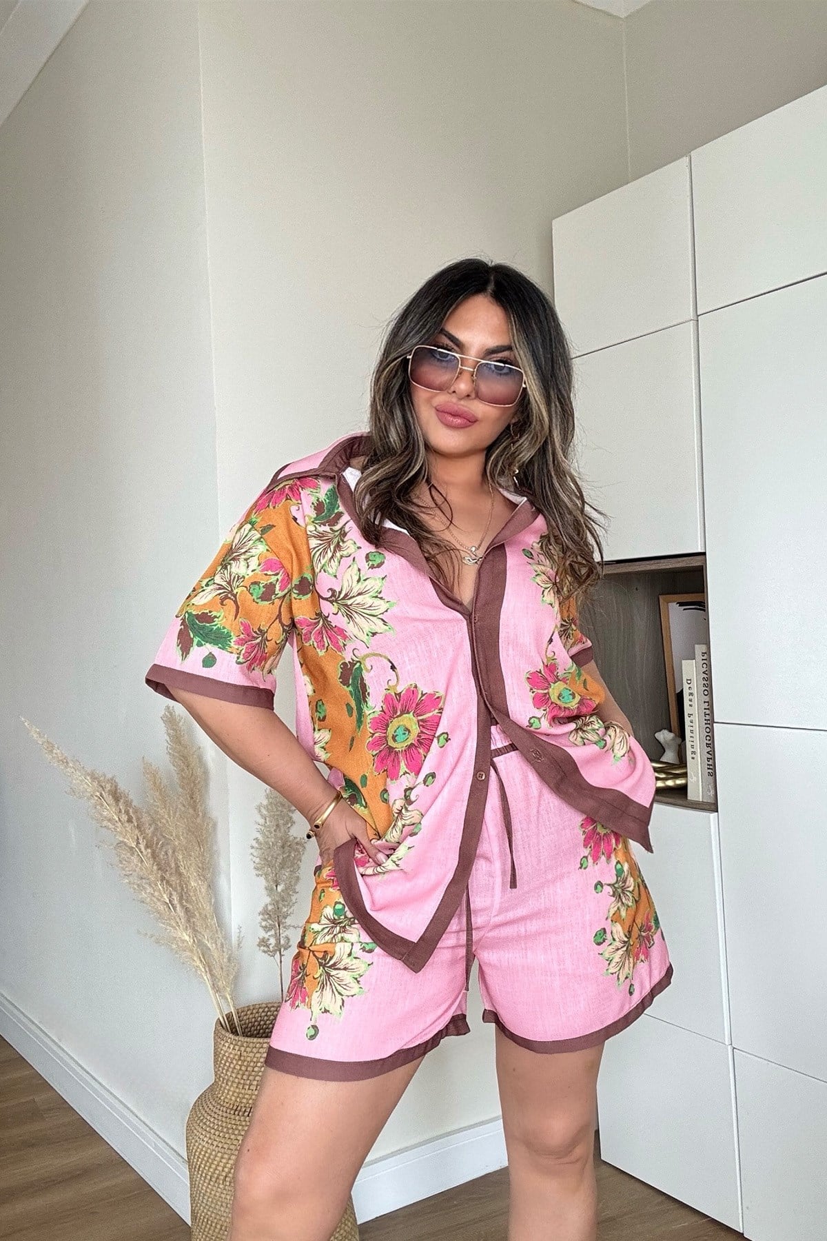 Alms Model Keten Şortlu Takım Pembe