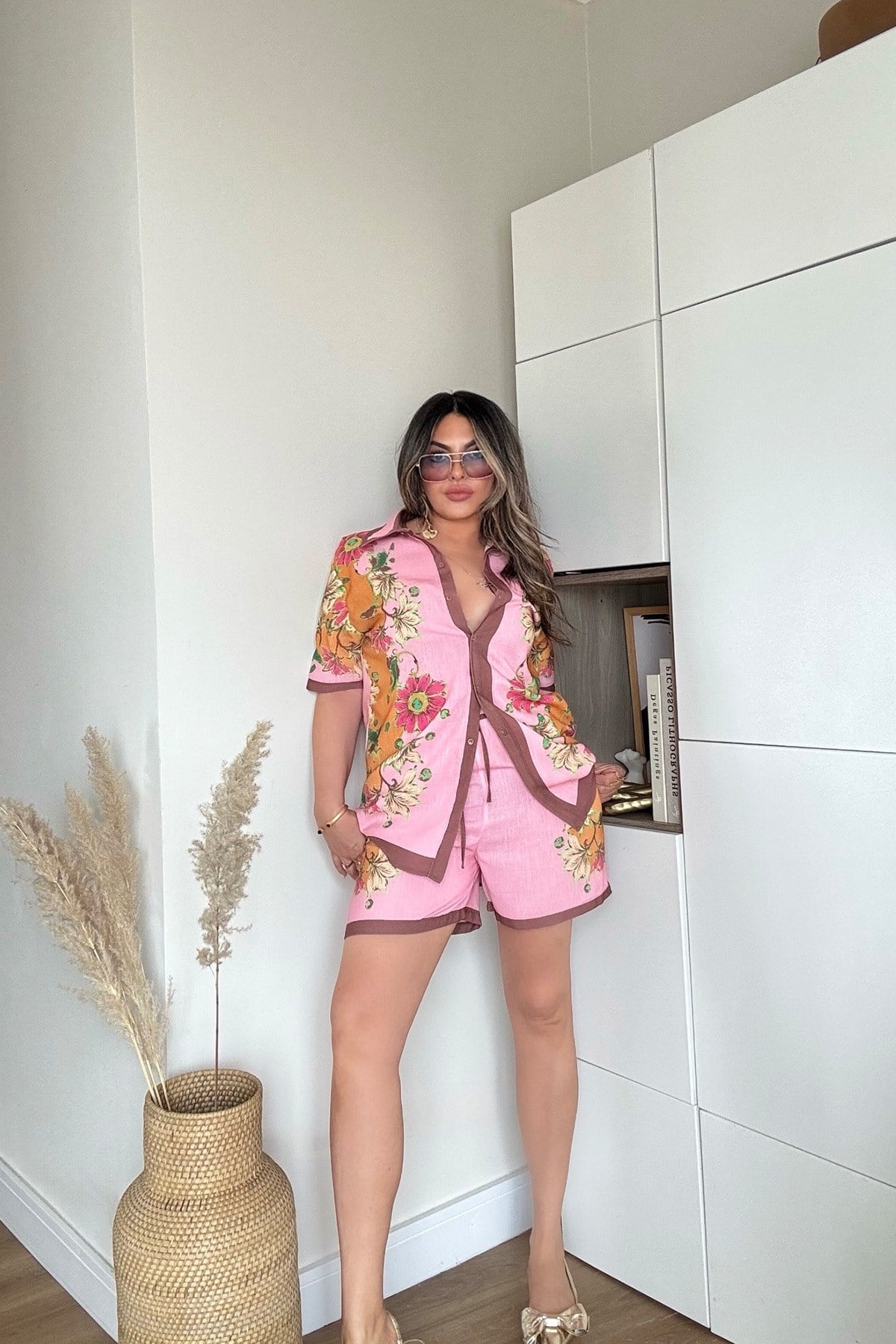 Alms Model Keten Şortlu Takım Pembe