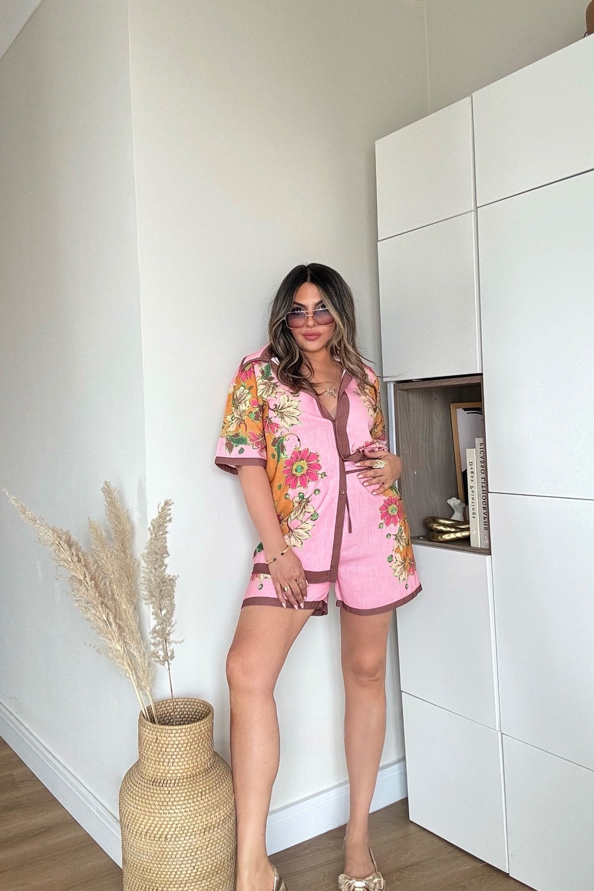 Alms Model Keten Şortlu Takım Pembe