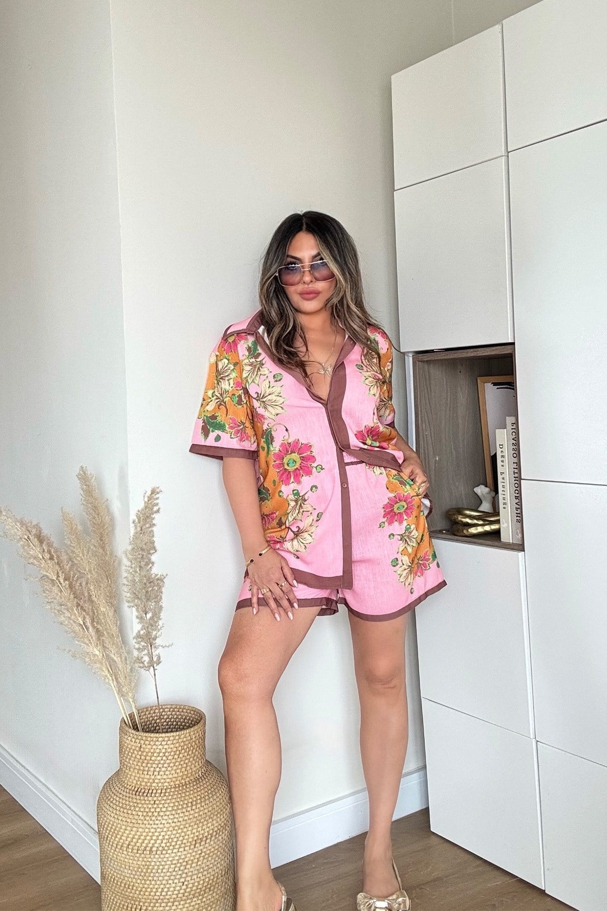 Alms Model Keten Şortlu Takım Pembe