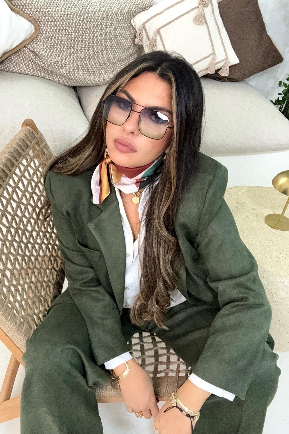 Arka Bel Lastikli Güderi Bol Paça Pantolon Yeşil