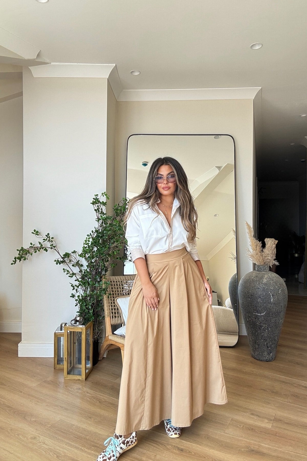 Arka Bel Lastikli Pantolon Etek Camel