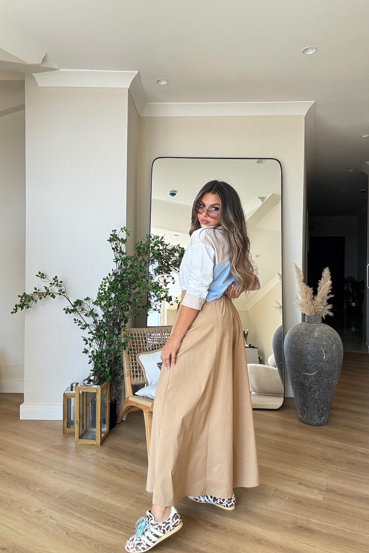 Arka Bel Lastikli Pantolon Etek Camel