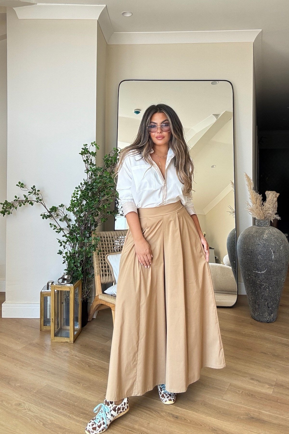 Arka Bel Lastikli Pantolon Etek Camel
