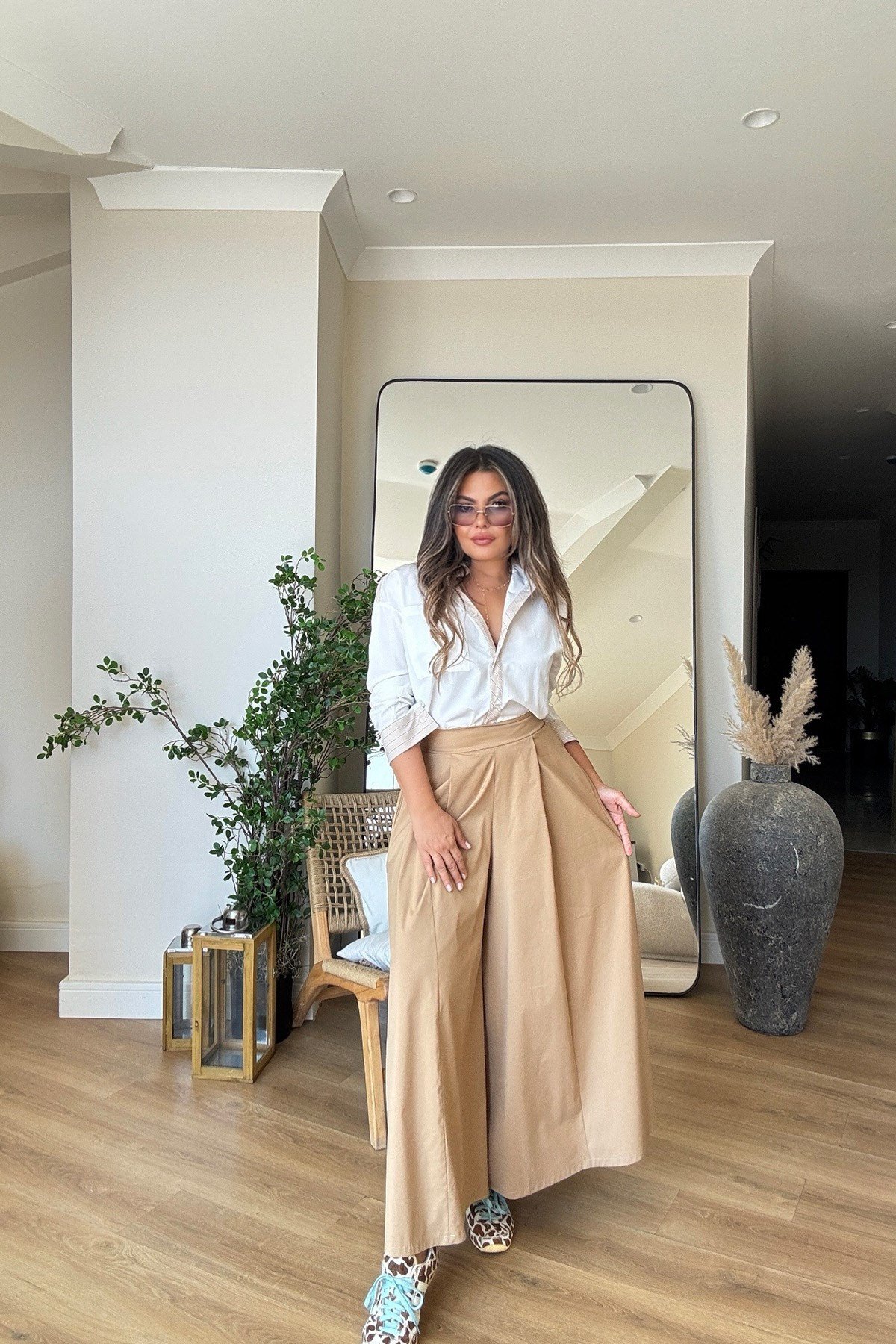 Arka Bel Lastikli Pantolon Etek Camel
