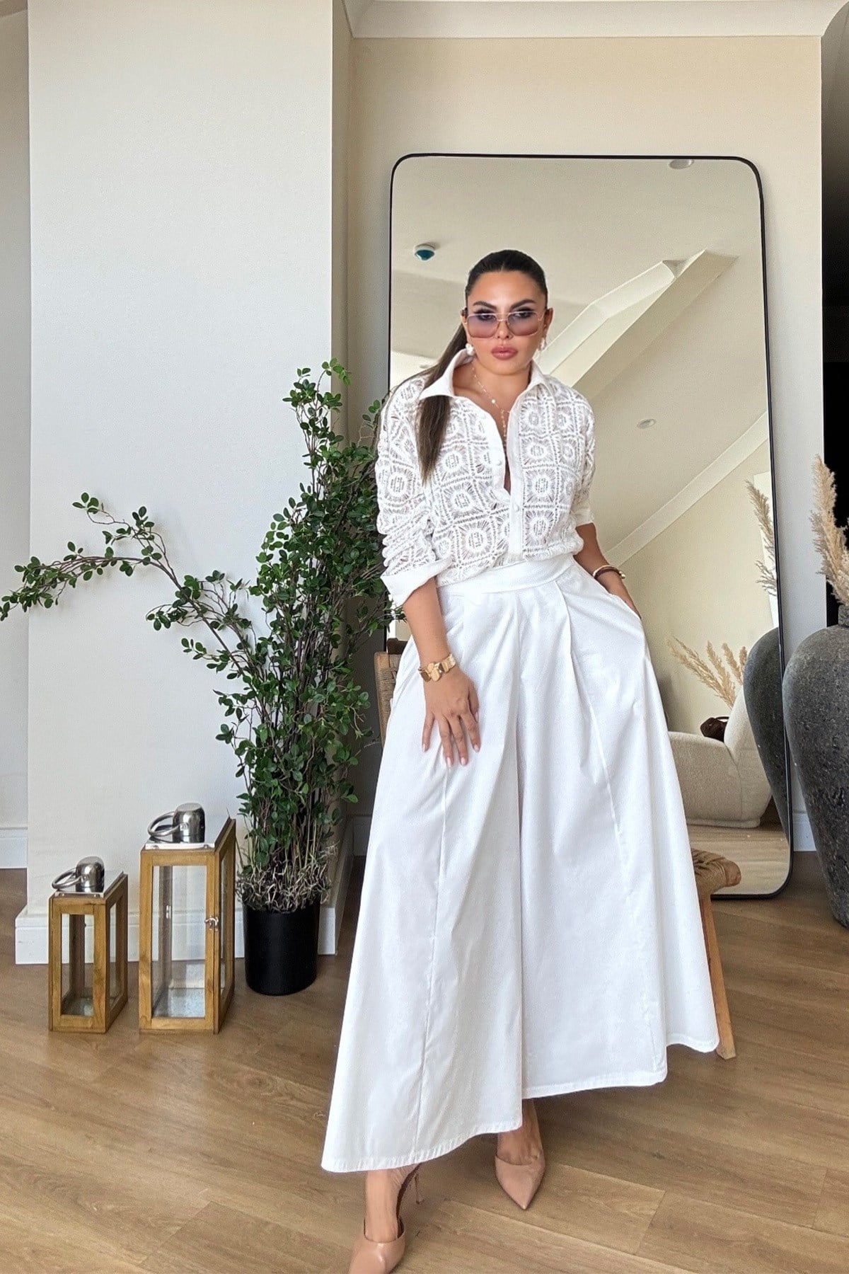 Arka Bel Lastikli Pantolon Etek Ekru