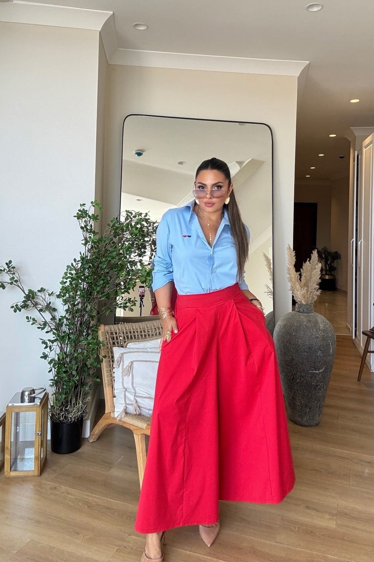 Arka Bel Lastikli Pantolon Etek Nar çiçeği