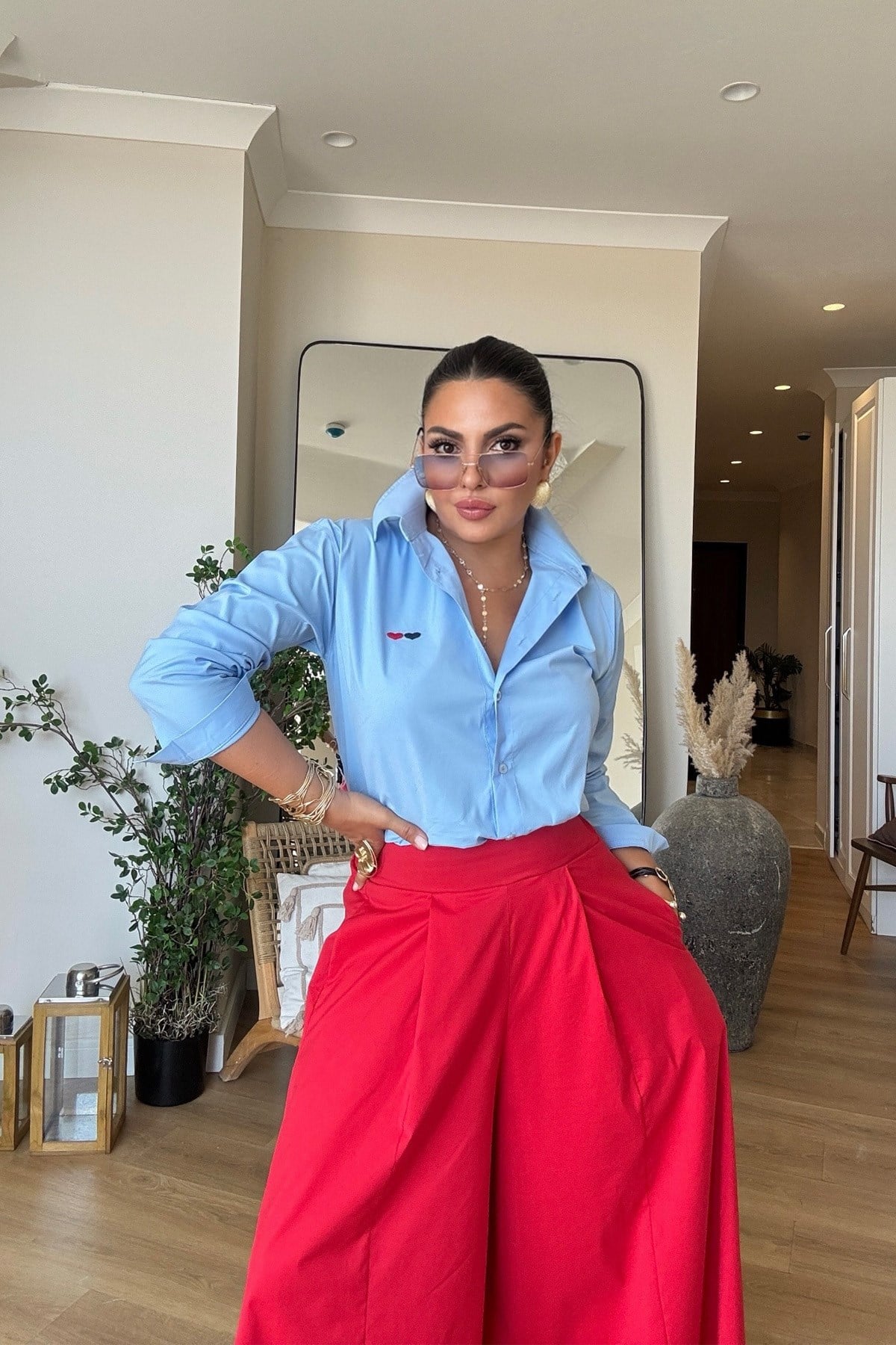 Arka Bel Lastikli Pantolon Etek Nar çiçeği