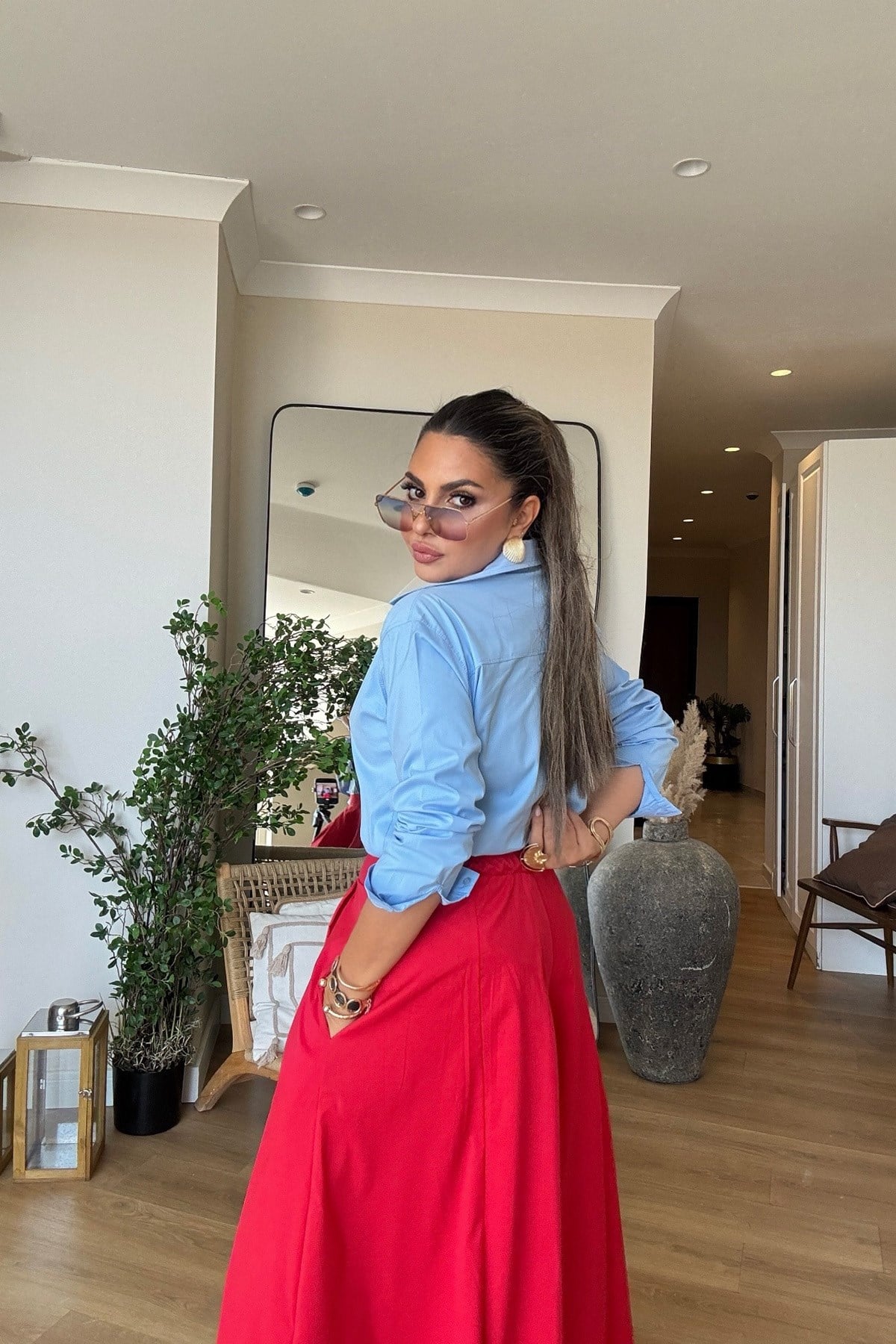Arka Bel Lastikli Pantolon Etek Nar çiçeği