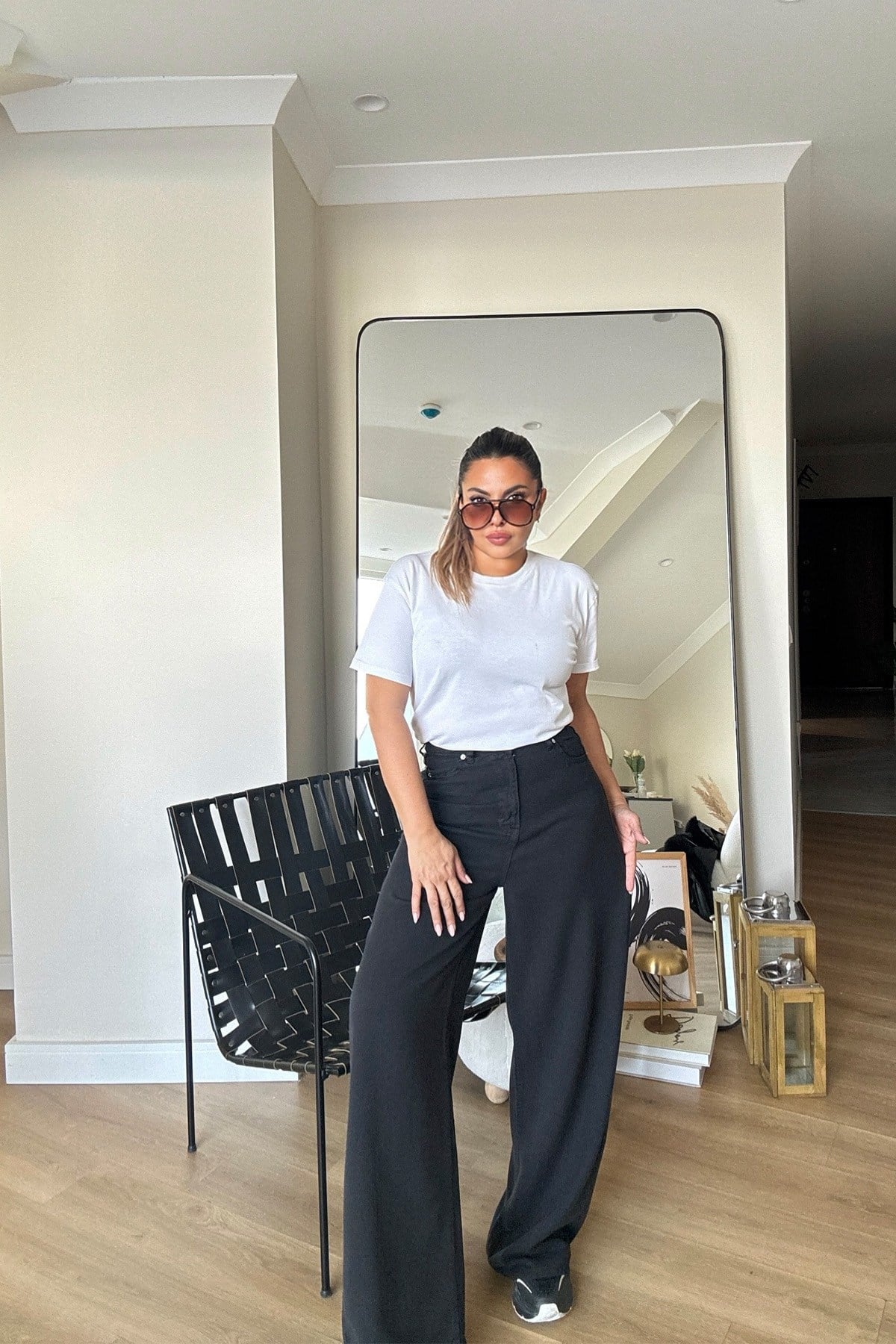 Arka Bel Lastikli Tencel Denim Pantolon Siyah