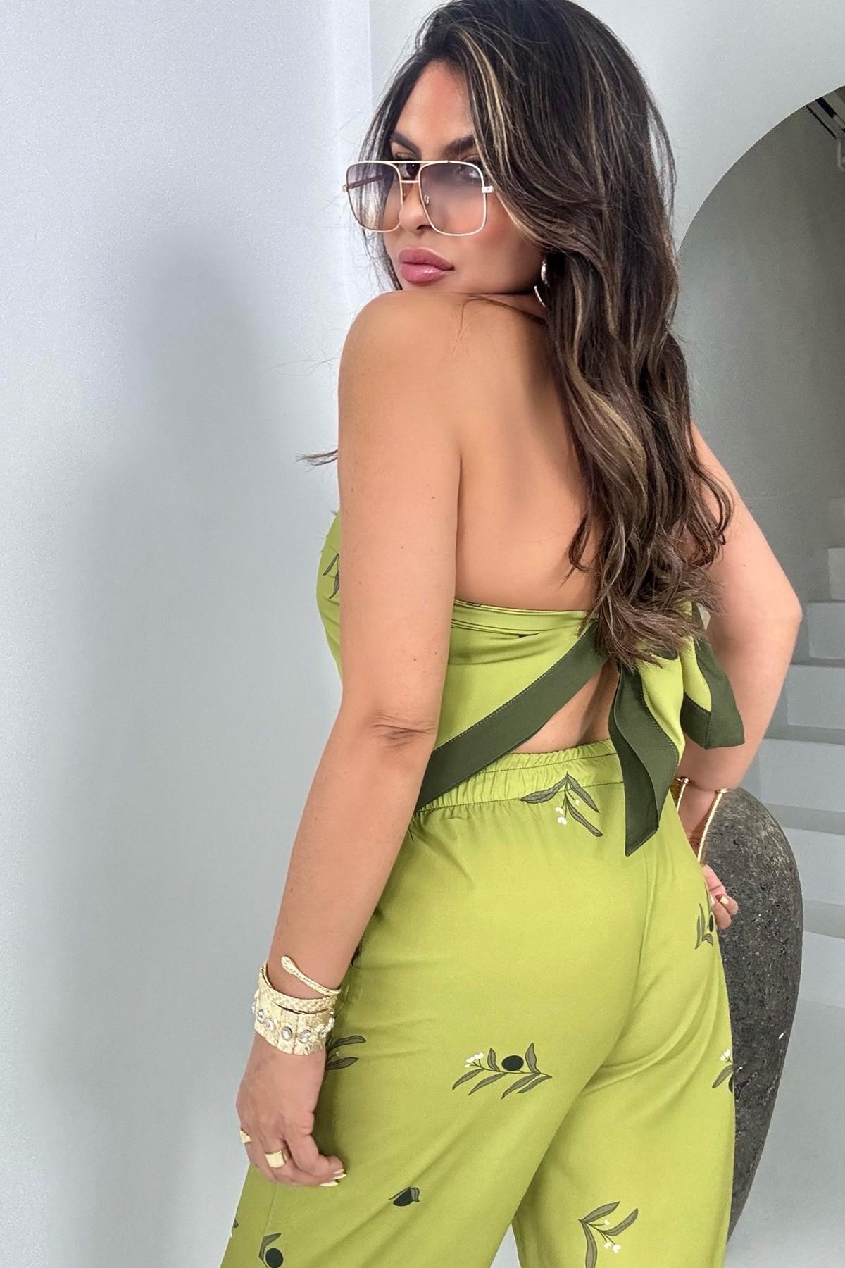 Arkası Bağlamalı Şal Model Bluz Pantolon Takım Fıstık Yeşili