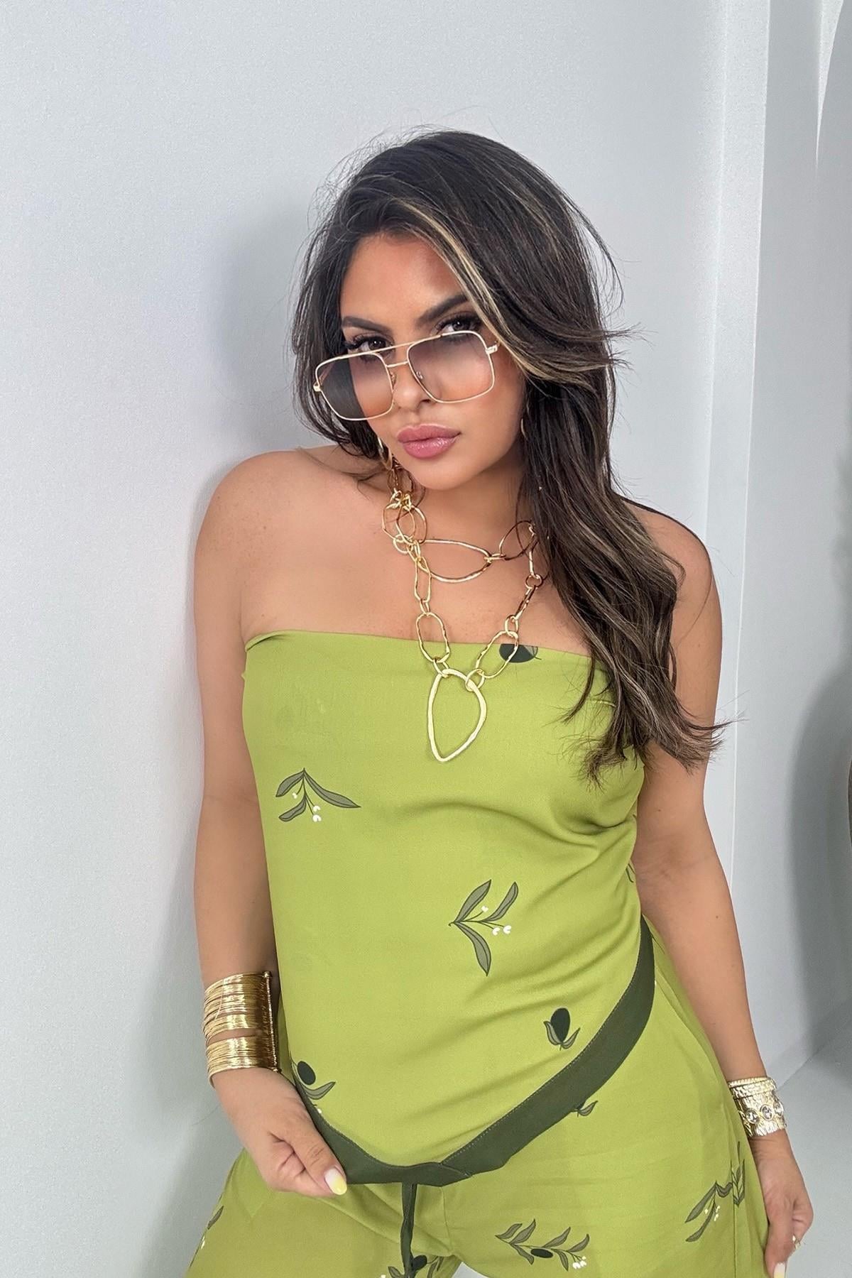 Arkası Bağlamalı Şal Model Bluz Pantolon Takım Fıstık Yeşili