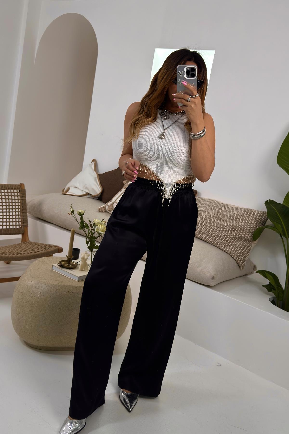 Asimetrik Taşlı Triko Crop Ekru
