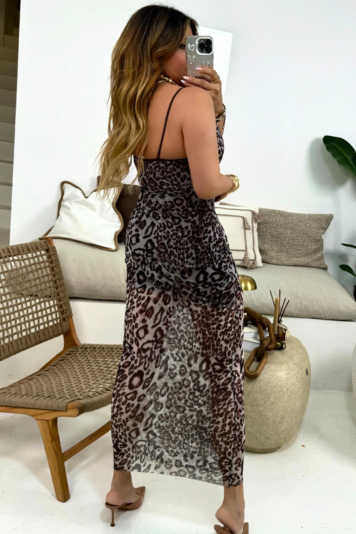 Askılı Leopar Desen Tül Elbise Leopar