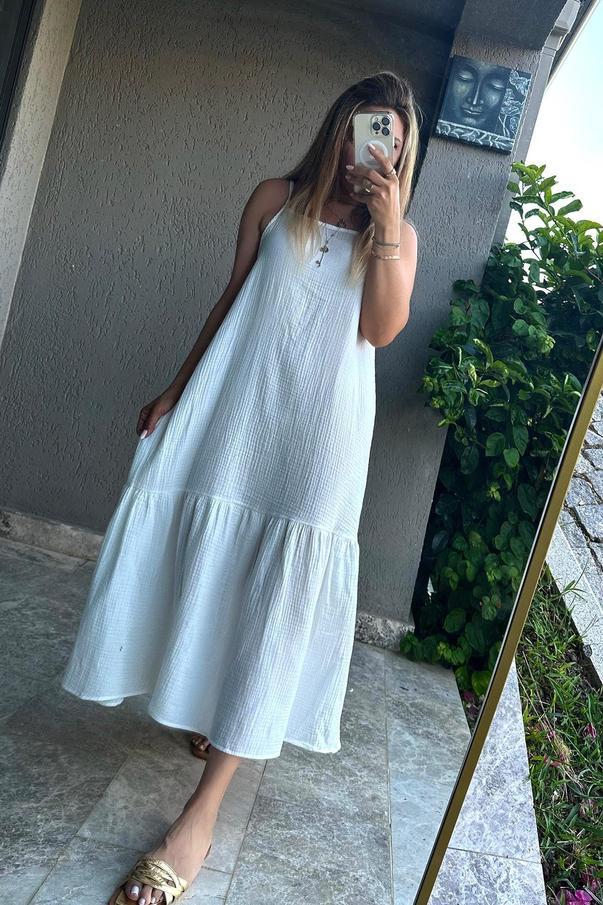 Askılı Müslin Elbise Ekru