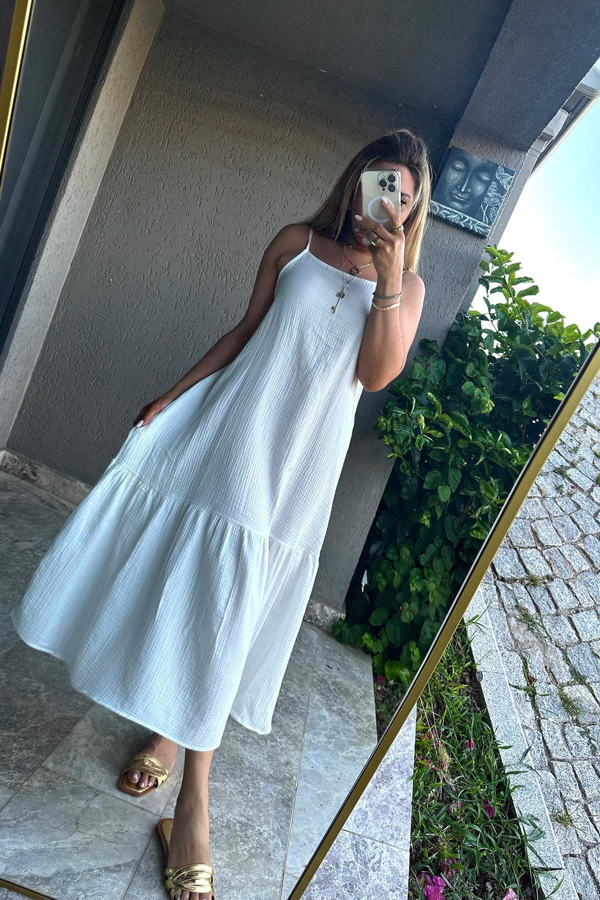 Askılı Müslin Elbise Ekru