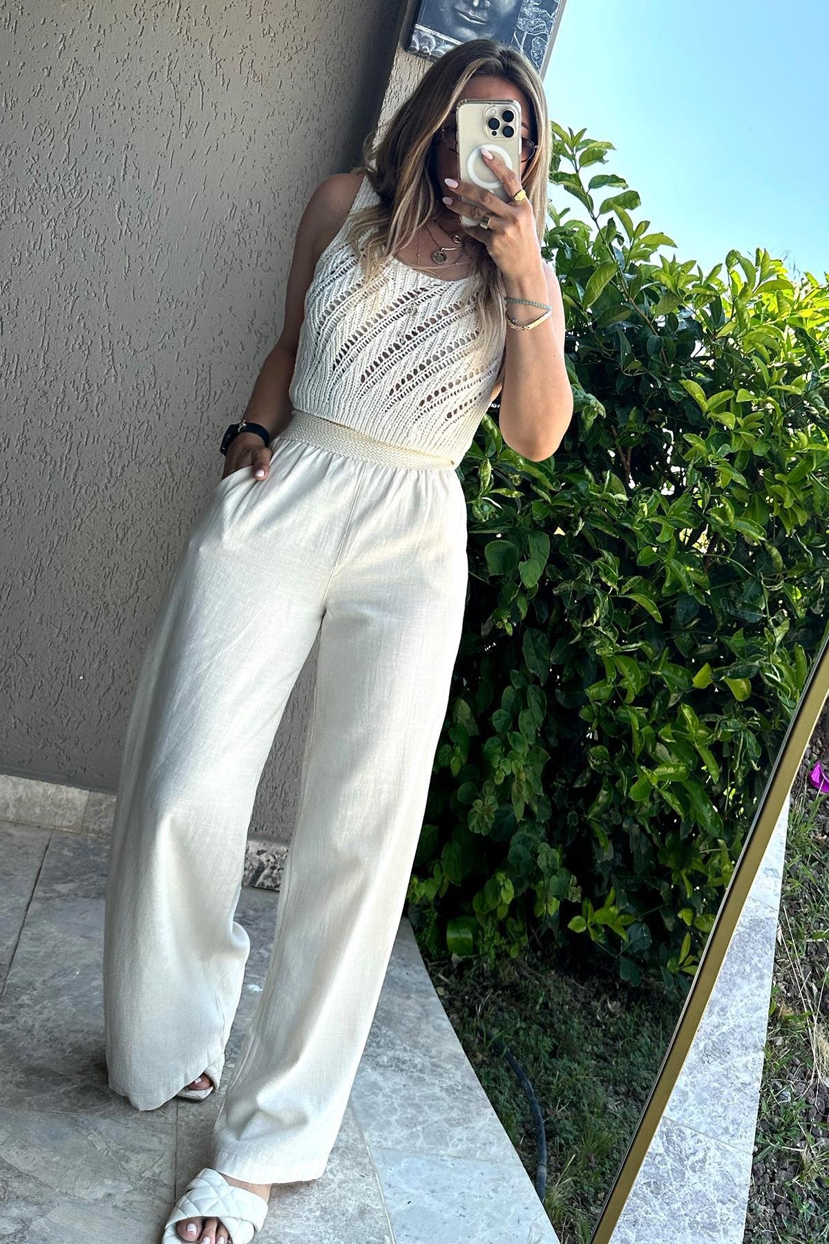 Askılı Triko Crop Krem