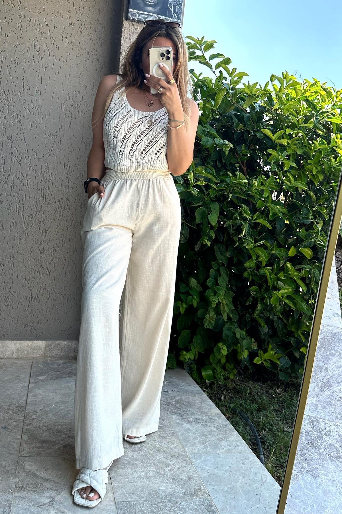 Askılı Triko Crop Krem