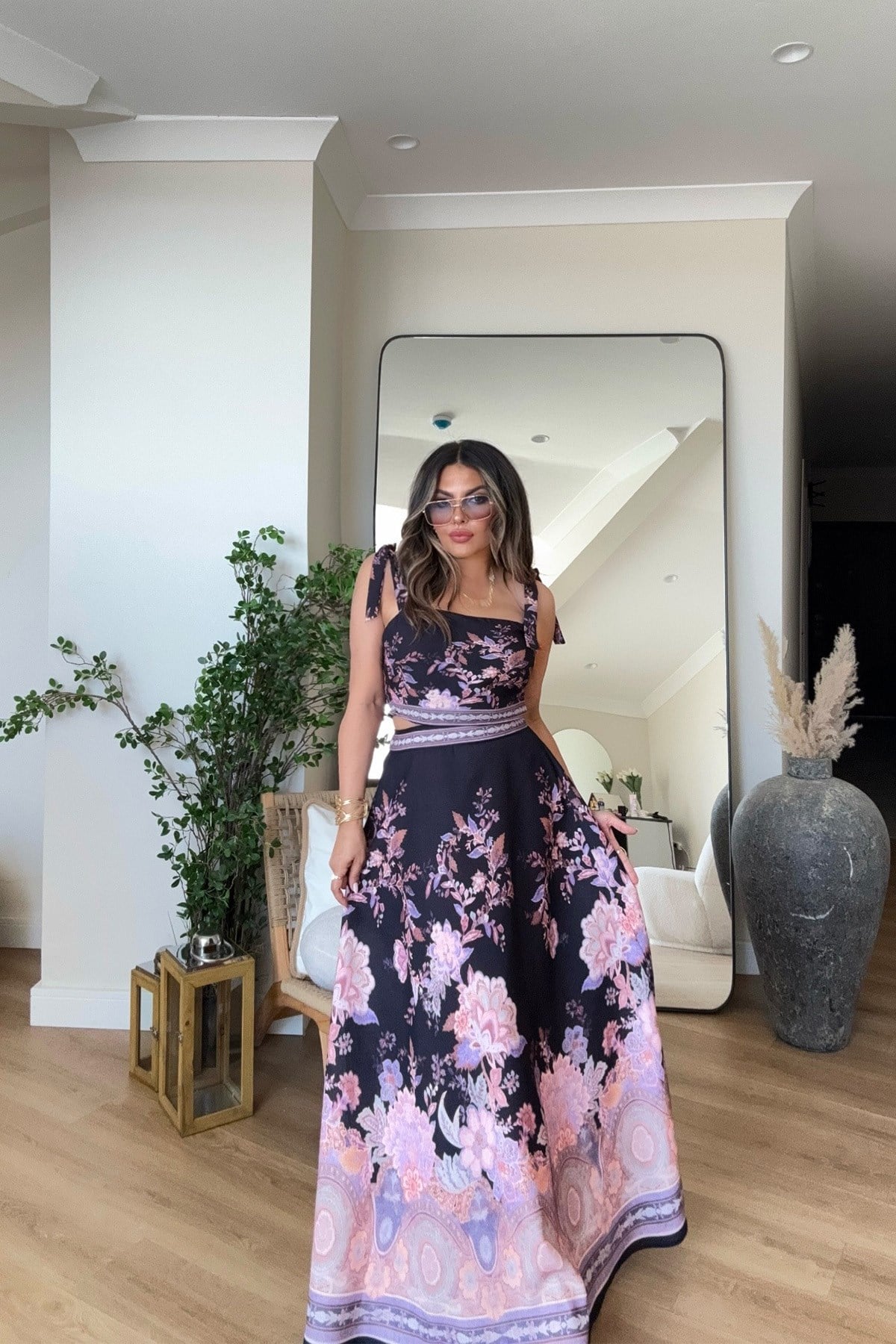 Bağcık Askılı Büstiyer Etek Keten Takım siyah pembe