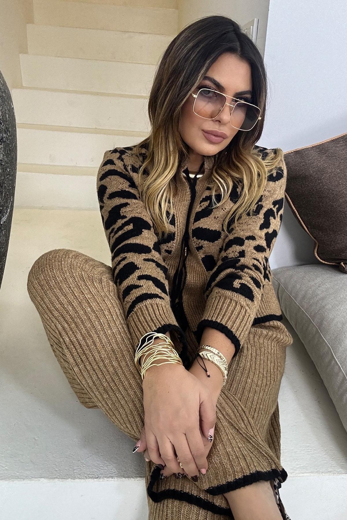 Bağçıklı Pantalonlu Triko Takım Leopar
