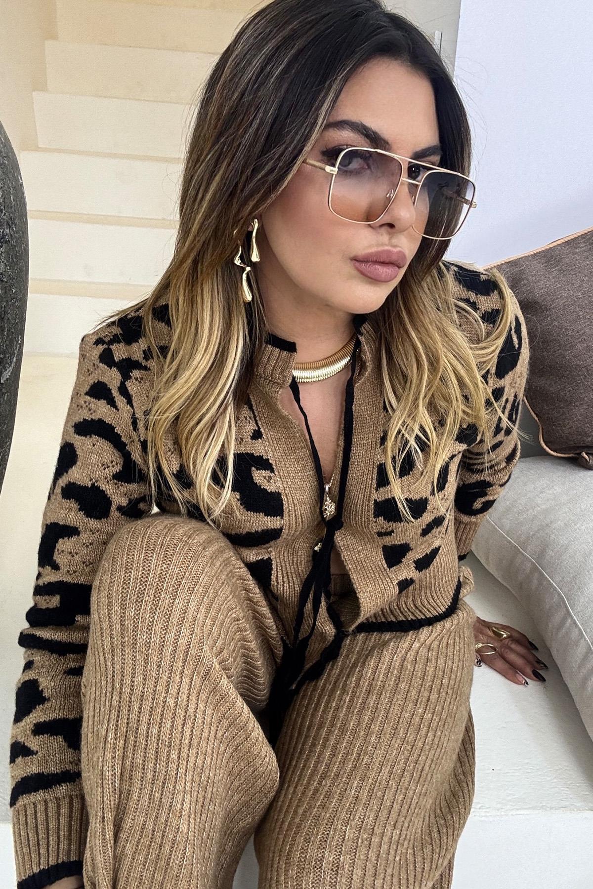 Bağçıklı Pantalonlu Triko Takım Leopar