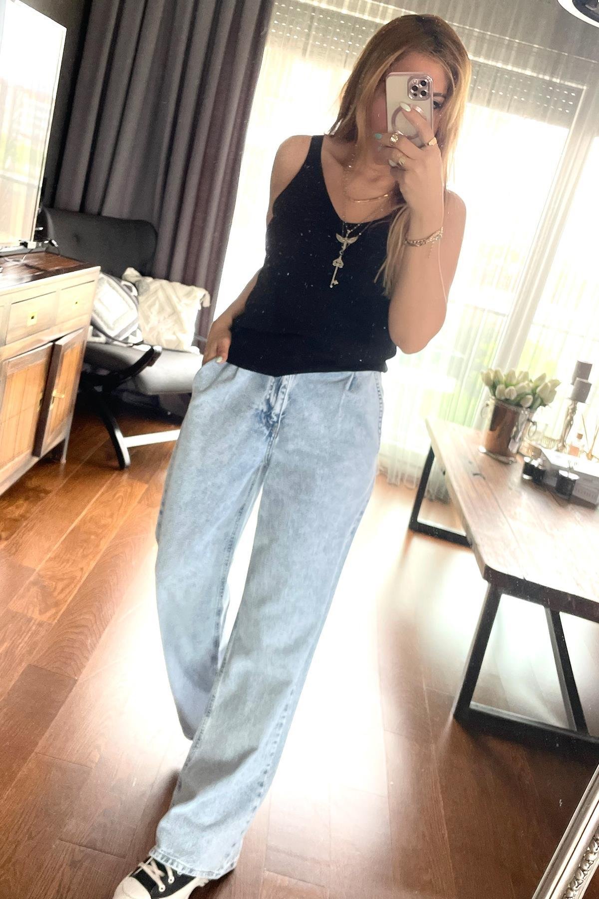 Baget Taşlı Triko Bluz Siyah