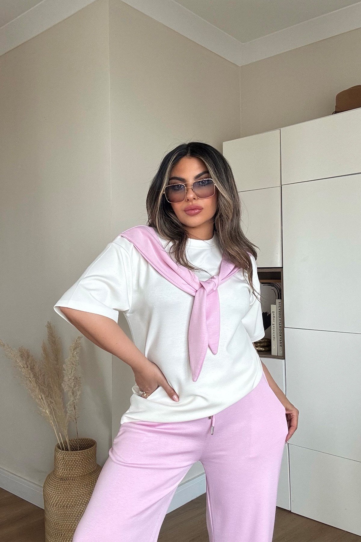 Bağlama Detaylı Modal Takım Açık Pembe